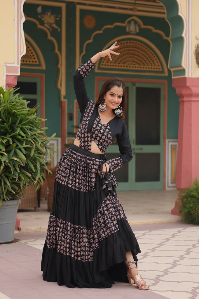 Black Printed Rayon Lehenga Choli Set with 4-Layer Frill Stitch ClothsVilla