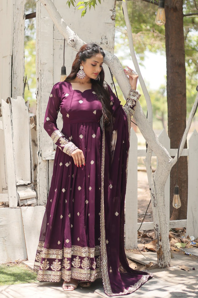 Wine Faux Blooming Gown with Sequins Embroidery and Dupatta ClothsVilla