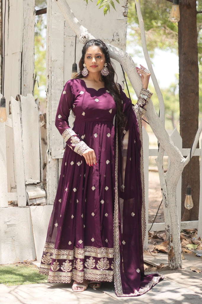 Wine Faux Blooming Gown with Sequins Embroidery and Dupatta ClothsVilla