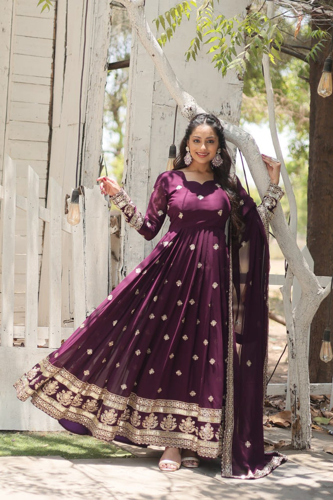 Wine Faux Blooming Gown with Sequins Embroidery and Dupatta ClothsVilla