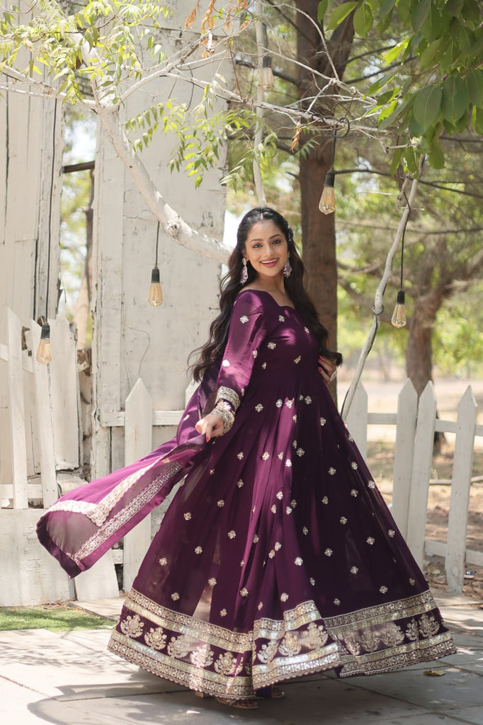 Wine Faux Blooming Gown with Sequins Embroidery and Dupatta ClothsVilla