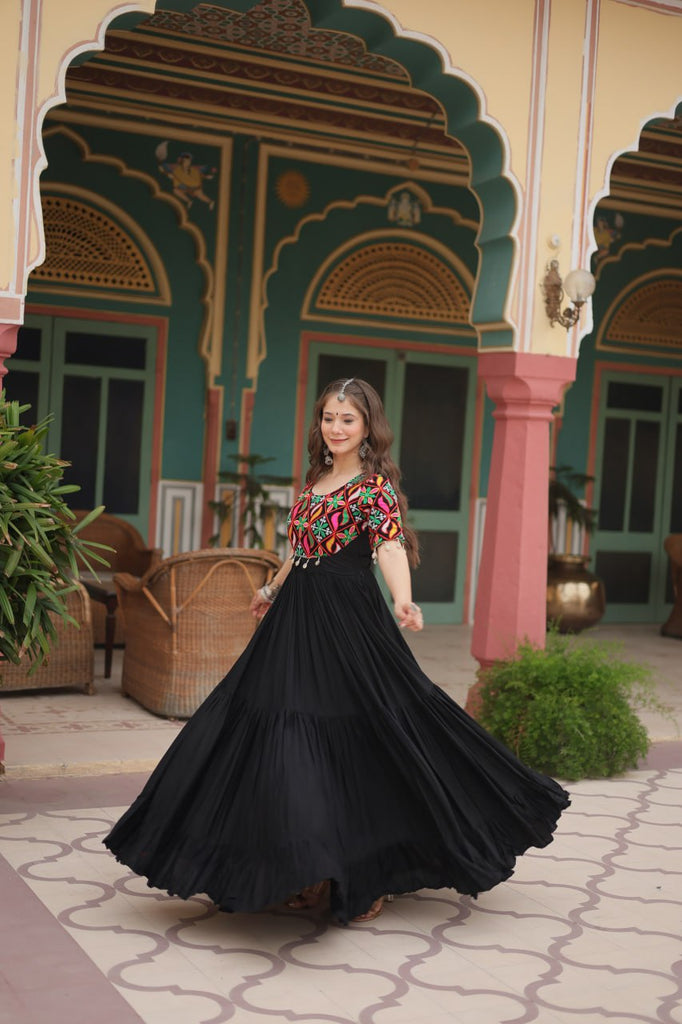 Black Designer Rayon Gown with Kutchi Gamthi Kodi Work and 3-Layer Gathering Stitch ClothsVilla