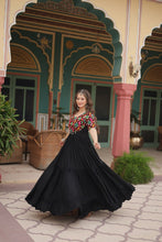 Load image into Gallery viewer, Black Designer Rayon Gown with Kutchi Gamthi Kodi Work and 3-Layer Gathering Stitch ClothsVilla