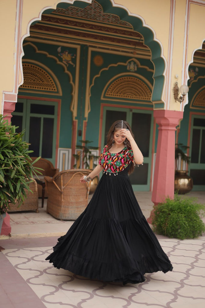 Black Designer Rayon Gown with Kutchi Gamthi Kodi Work and 3-Layer Gathering Stitch ClothsVilla