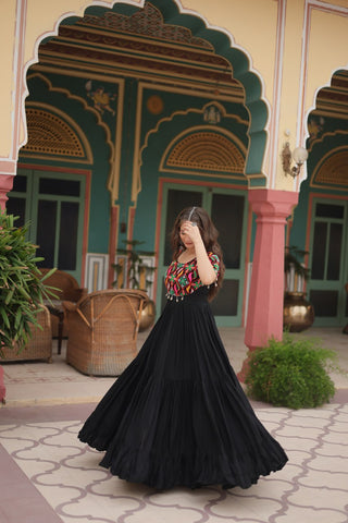 Black Designer Rayon Gown with Kutchi Gamthi Kodi Work and 3-Layer Gathering Stitch ClothsVilla