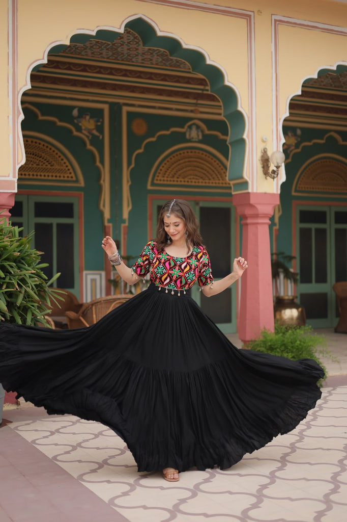 Black Designer Rayon Gown with Kutchi Gamthi Kodi Work and 3-Layer Gathering Stitch ClothsVilla