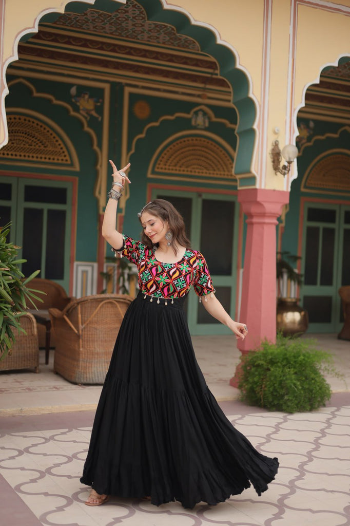 Black Designer Rayon Gown with Kutchi Gamthi Kodi Work and 3-Layer Gathering Stitch ClothsVilla