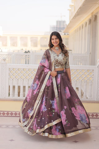 Brown Exquisite Women's Fully Flaired Lehenga Set in Digital Printed Russian Silk with Sequins Embroidery ClothsVilla