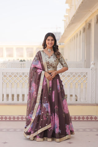 Brown Exquisite Women's Fully Flaired Lehenga Set in Digital Printed Russian Silk with Sequins Embroidery ClothsVilla