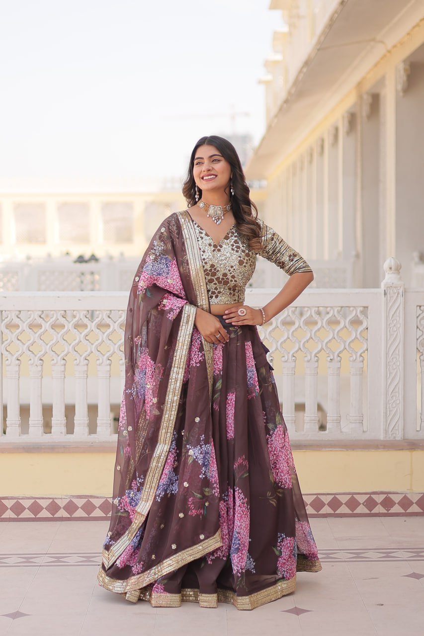 Brown Exquisite Women's Fully Flaired Lehenga Set in Digital Printed Russian Silk with Sequins Embroidery ClothsVilla