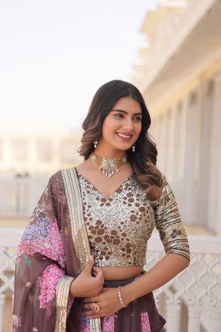 Brown Exquisite Women's Fully Flaired Lehenga Set in Digital Printed Russian Silk with Sequins Embroidery ClothsVilla