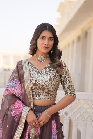 Brown Exquisite Women's Fully Flaired Lehenga Set in Digital Printed Russian Silk with Sequins Embroidery ClothsVilla