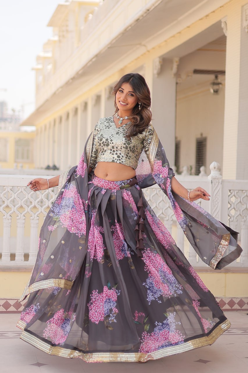 Gray Exquisite Women's Fully Flaired Lehenga Set in Digital Printed Russian Silk with Sequins Embroidery ClothsVilla Main image