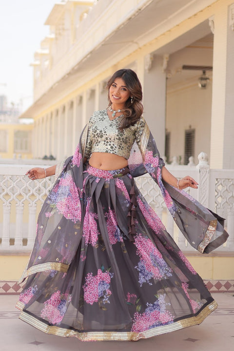 Gray Exquisite Women's Fully Flaired Lehenga Set in Digital Printed Russian Silk with Sequins Embroidery ClothsVilla Main image