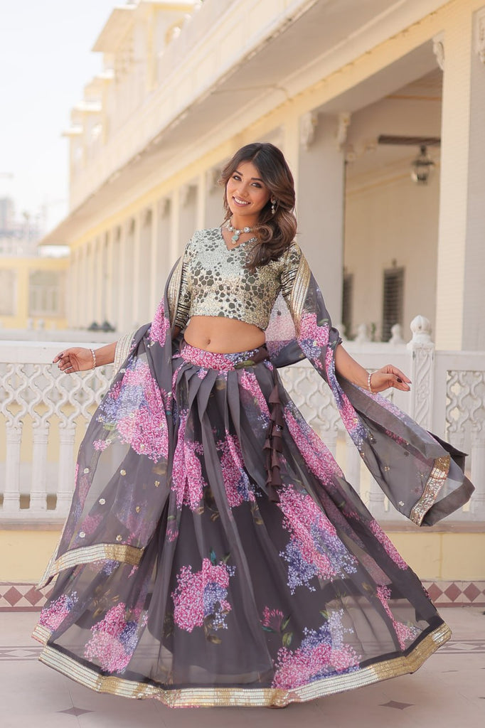 Gray Exquisite Women's Fully Flaired Lehenga Set in Digital Printed Russian Silk with Sequins Embroidery ClothsVilla