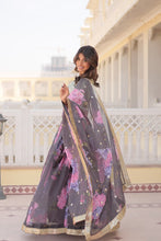 Load image into Gallery viewer, Gray Exquisite Women&#39;s Fully Flaired Lehenga Set in Digital Printed Russian Silk with Sequins Embroidery ClothsVilla