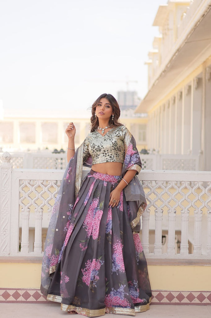 Gray Exquisite Women's Fully Flaired Lehenga Set in Digital Printed Russian Silk with Sequins Embroidery ClothsVilla