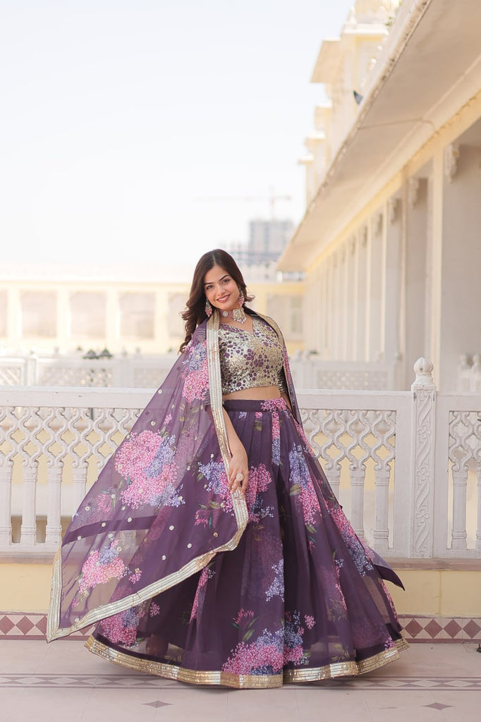 Wine Exquisite Women's Fully Flaired Lehenga Set in Digital Printed Russian Silk with Sequins Embroidery ClothsVilla