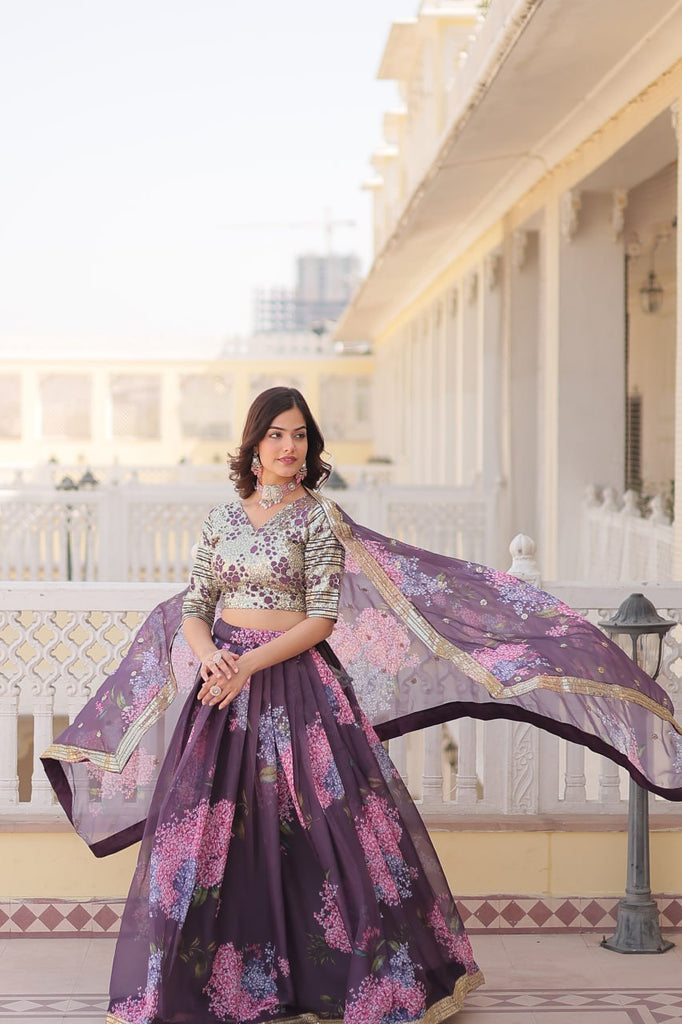 Wine Exquisite Women's Fully Flaired Lehenga Set in Digital Printed Russian Silk with Sequins Embroidery ClothsVilla