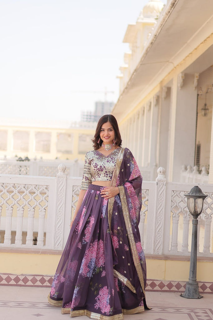 Wine Exquisite Women's Fully Flaired Lehenga Set in Digital Printed Russian Silk with Sequins Embroidery ClothsVilla