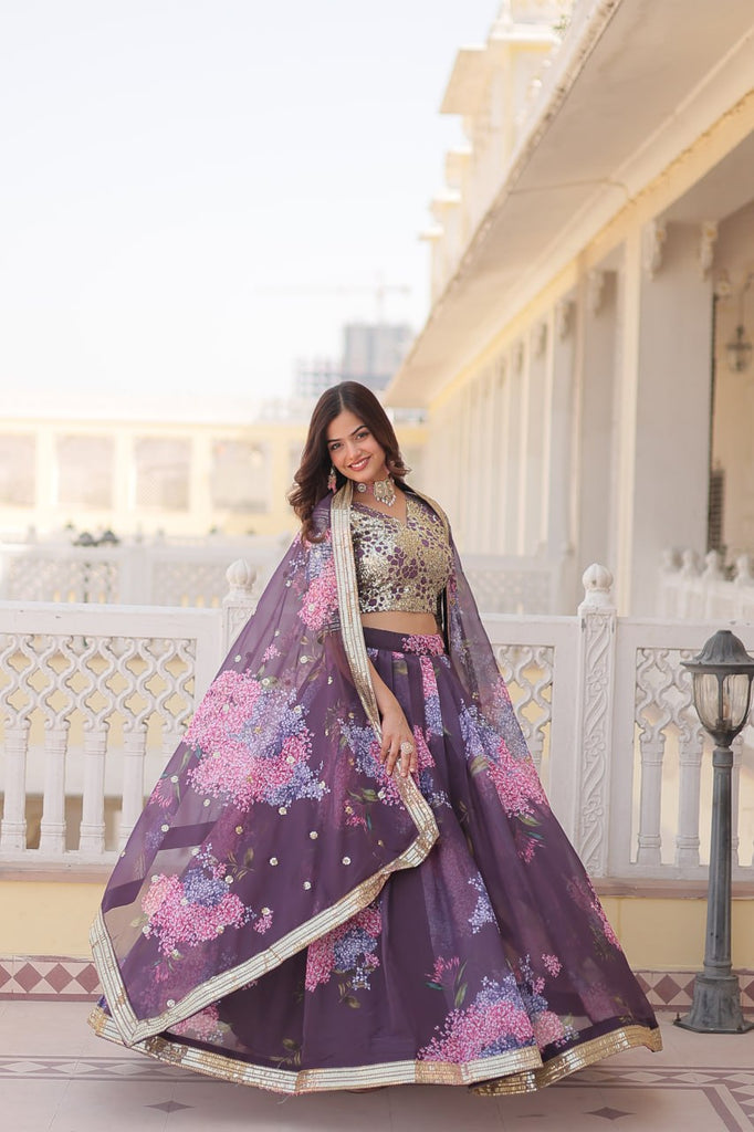 Wine Exquisite Women's Fully Flaired Lehenga Set in Digital Printed Russian Silk with Sequins Embroidery ClothsVilla