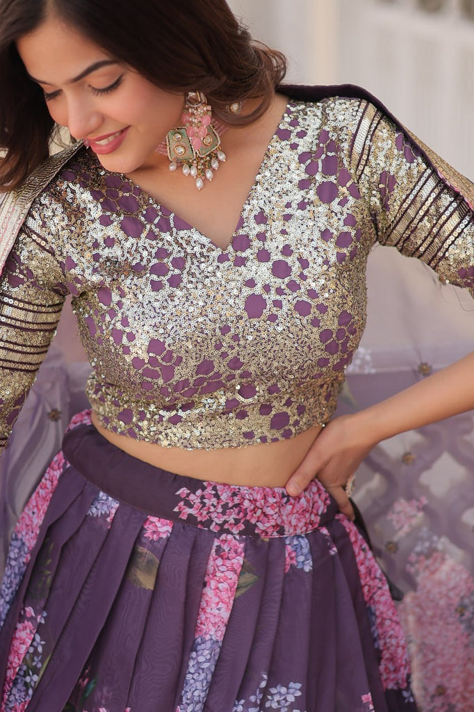 Wine Exquisite Women's Fully Flaired Lehenga Set in Digital Printed Russian Silk with Sequins Embroidery ClothsVilla