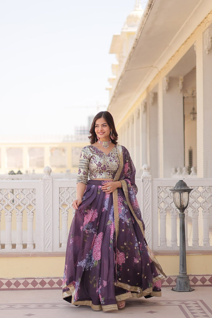 Wine Exquisite Women's Fully Flaired Lehenga Set in Digital Printed Russian Silk with Sequins Embroidery ClothsVilla