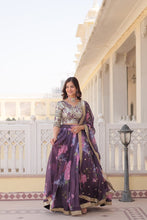 Load image into Gallery viewer, Wine Exquisite Women&#39;s Fully Flaired Lehenga Set in Digital Printed Russian Silk with Sequins Embroidery ClothsVilla