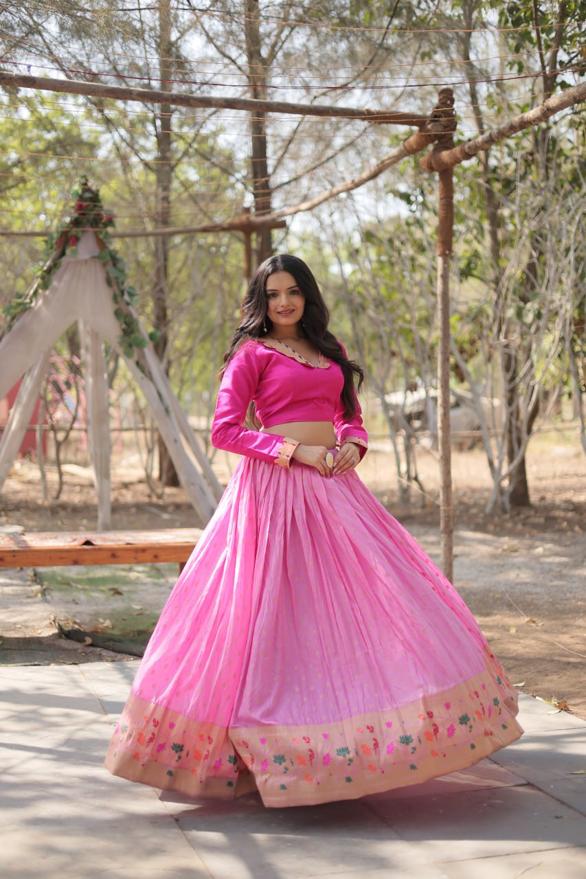 Pink Elegant Dayble Viscose Kalamkari Jari Weaving Lehenga with Designer Blouse ClothsVilla.com