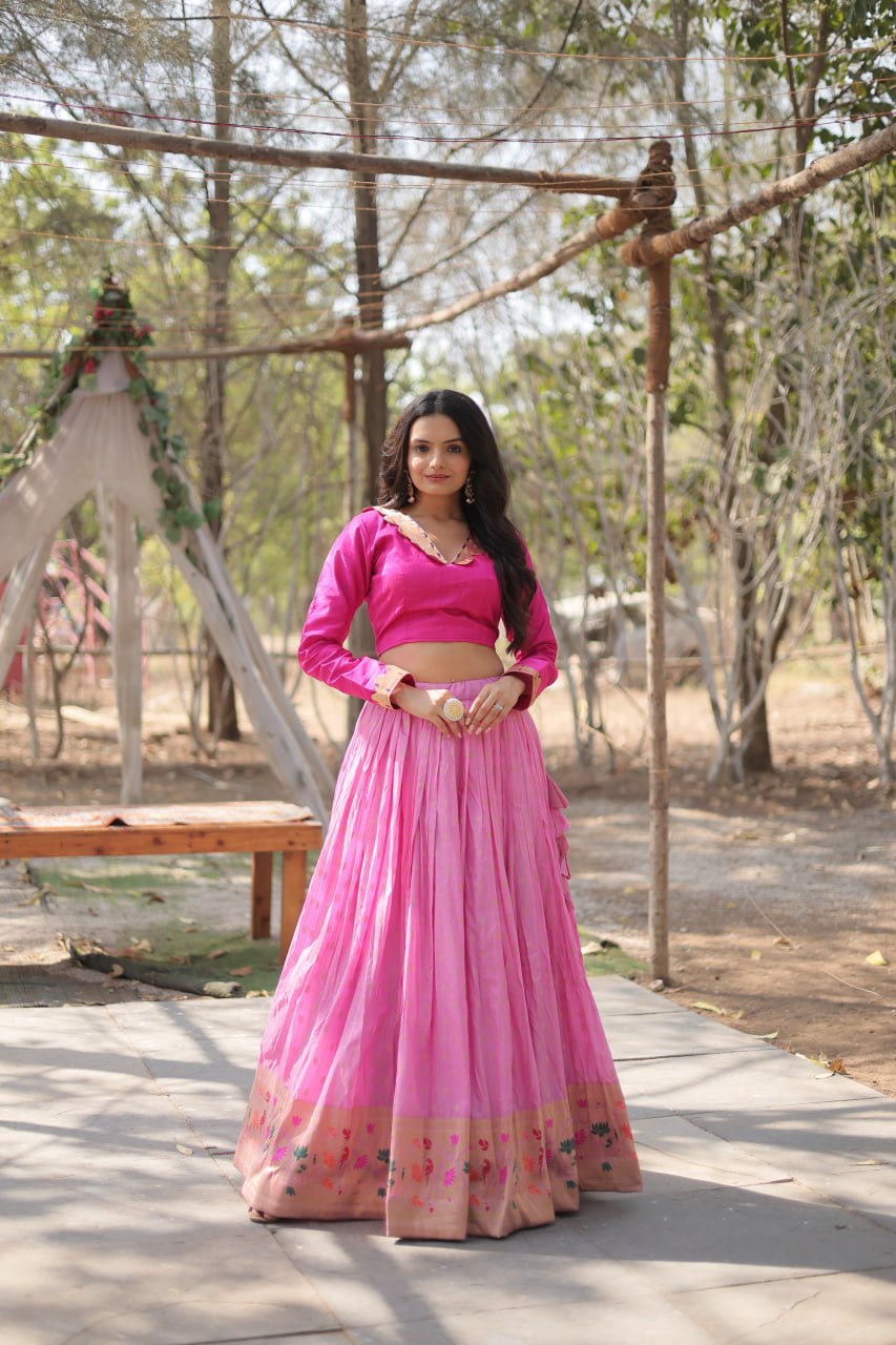 Pink Elegant Dayble Viscose Kalamkari Jari Weaving Lehenga with Designer Blouse ClothsVilla.com Main image