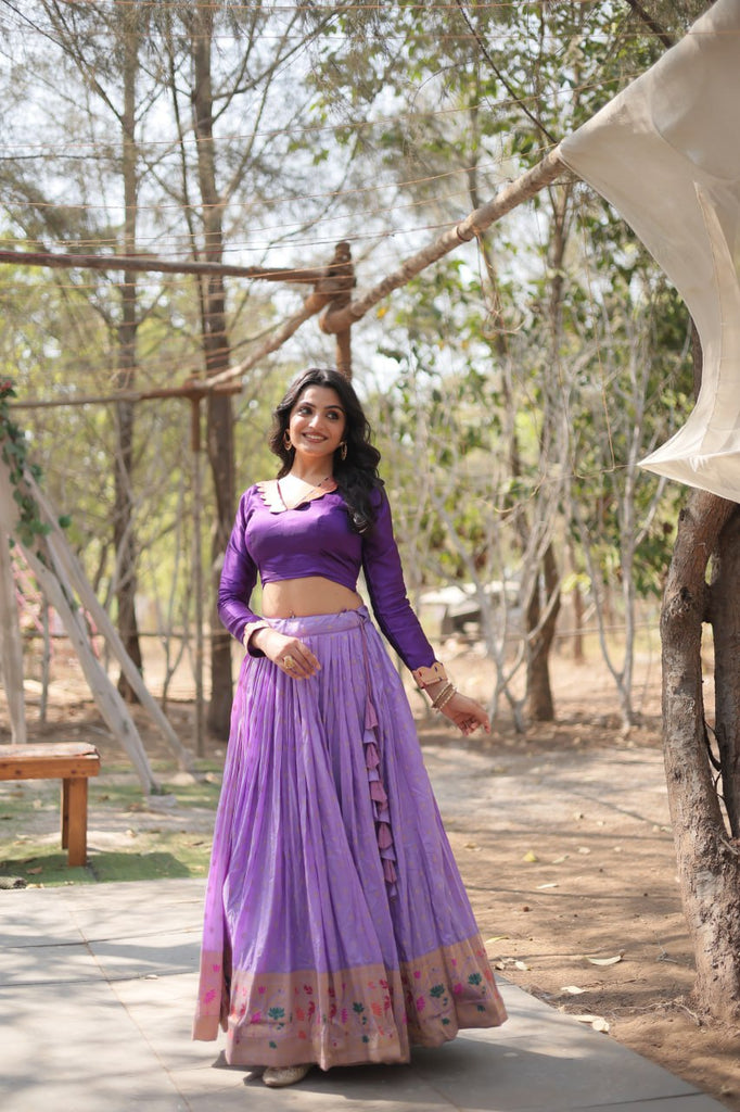 Purple Elegant Dayble Viscose Kalamkari Jari Weaving Lehenga with Designer Blouse ClothsVilla.com