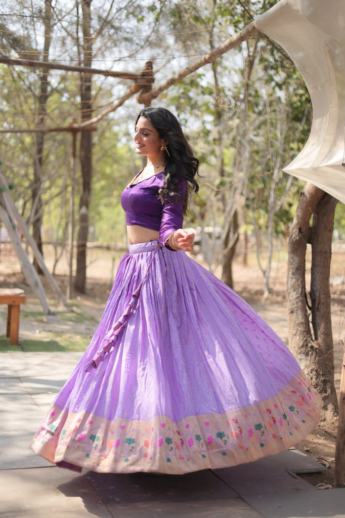 Purple Elegant Dayble Viscose Kalamkari Jari Weaving Lehenga with Designer Blouse ClothsVilla.com