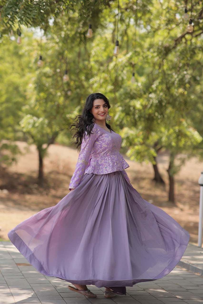 Purple Trendy Co-ord Set with Pure Viscose Dayble Flower Design and Sequins Embroidered Blouse Clothsvilla Main image