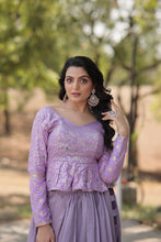 Load image into Gallery viewer, Purple Trendy Co-ord Set with Pure Viscose Dayble Flower Design and Sequins Embroidered Blouse Clothsvilla