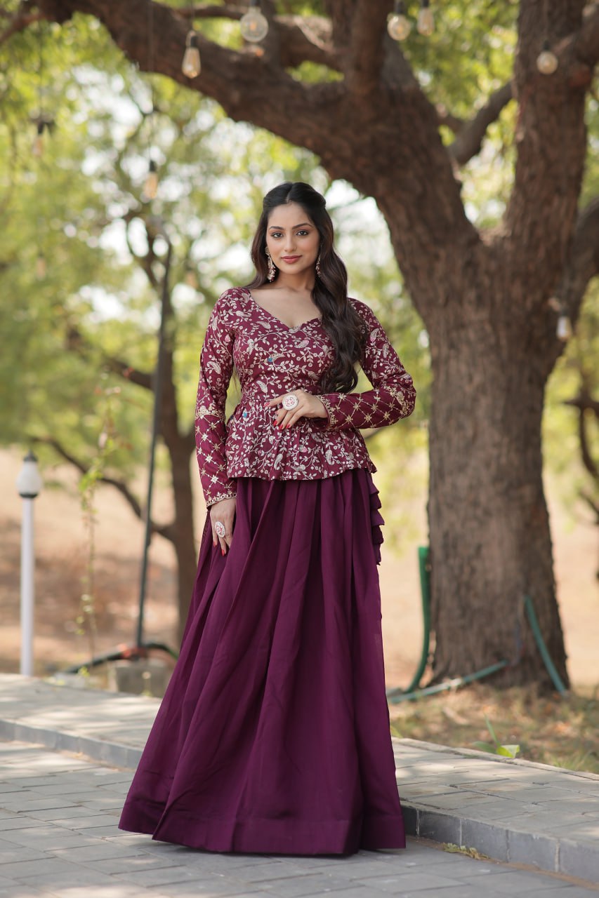 Wine Trendy Co-ord Set with Pure Viscose Dayble Flower Design and Sequins Embroidered Blouse Clothsvilla