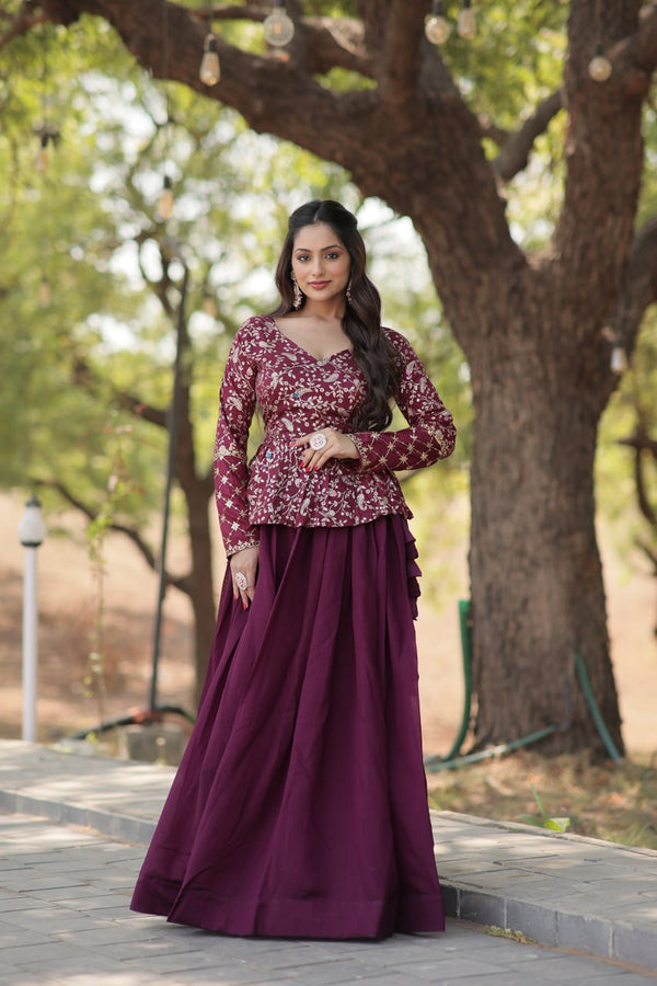 Wine Trendy Co-ord Set with Pure Viscose Dayble Flower Design and Sequins Embroidered Blouse Clothsvilla