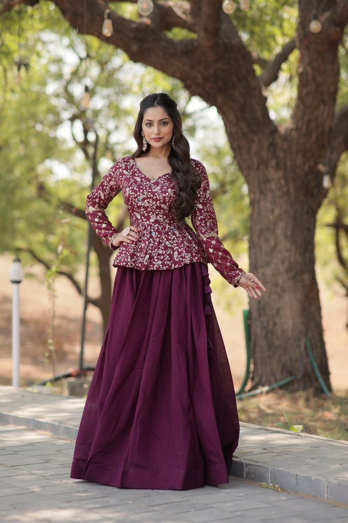 Wine Trendy Co-ord Set with Pure Viscose Dayble Flower Design and Sequins Embroidered Blouse Clothsvilla