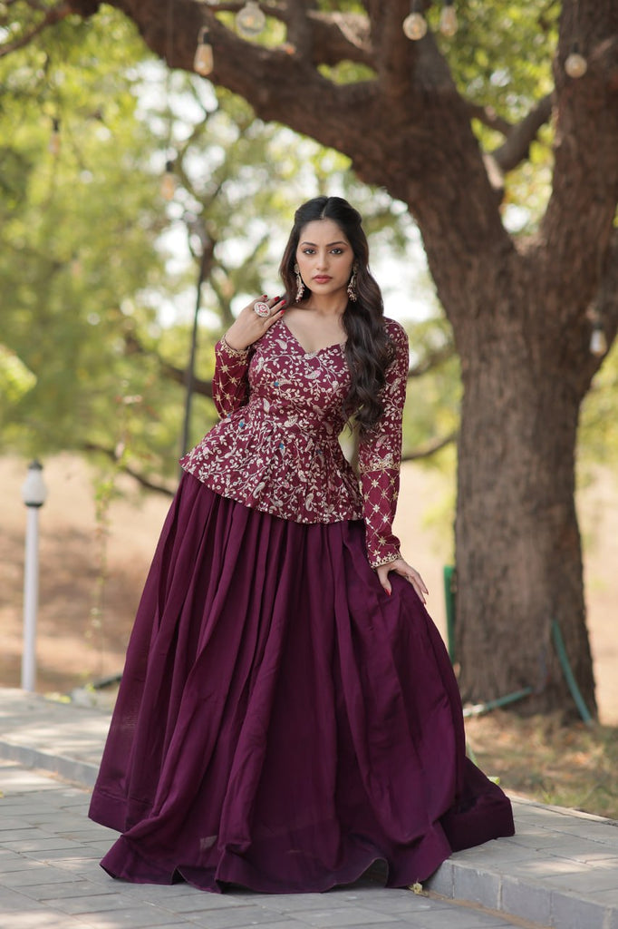 Wine Trendy Co-ord Set with Pure Viscose Dayble Flower Design and Sequins Embroidered Blouse Clothsvilla