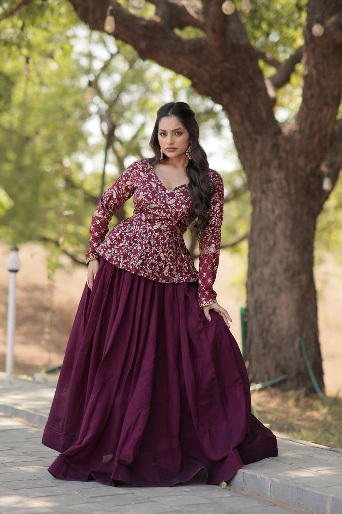 Wine Trendy Co-ord Set with Pure Viscose Dayble Flower Design and Sequins Embroidered Blouse Clothsvilla