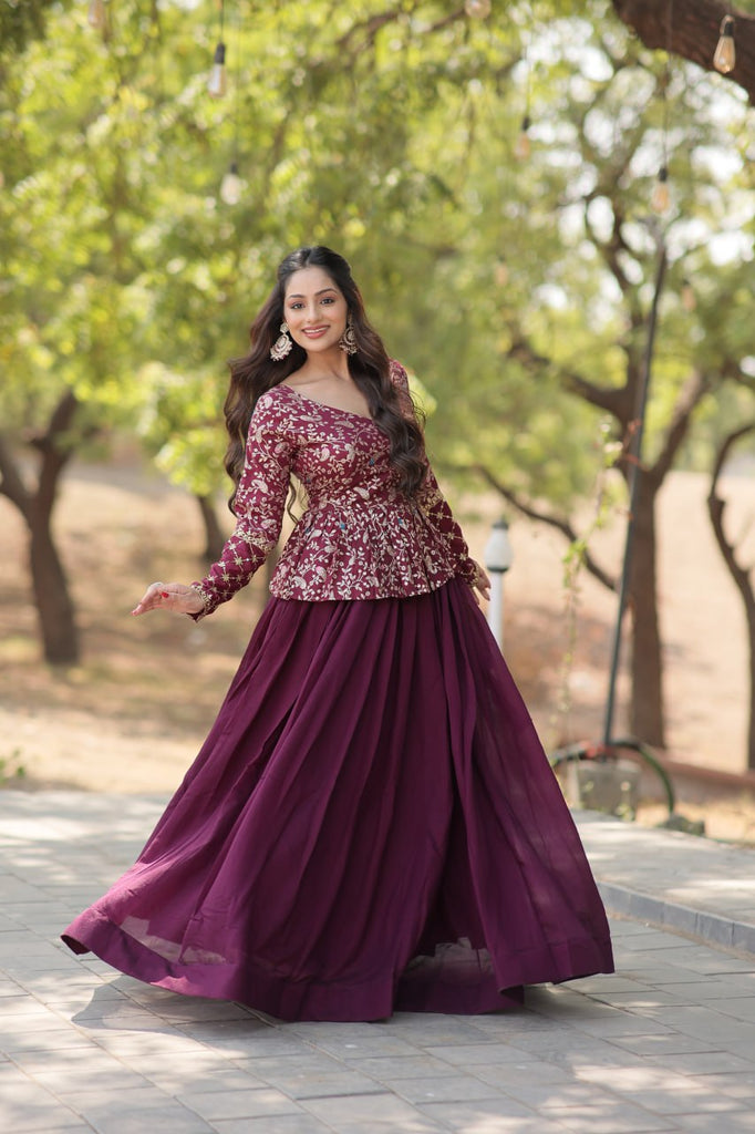 Wine Trendy Co-ord Set with Pure Viscose Dayble Flower Design and Sequins Embroidered Blouse Clothsvilla