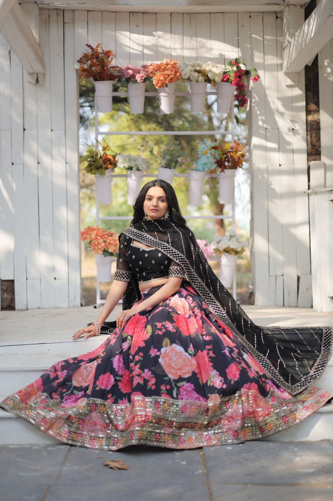 Black Exquisite Digital Printed Georgette Lehenga with Tassels and Embroidery ClothsVilla