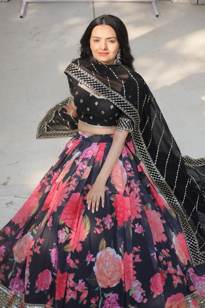 Black Exquisite Digital Printed Georgette Lehenga with Tassels and Embroidery ClothsVilla