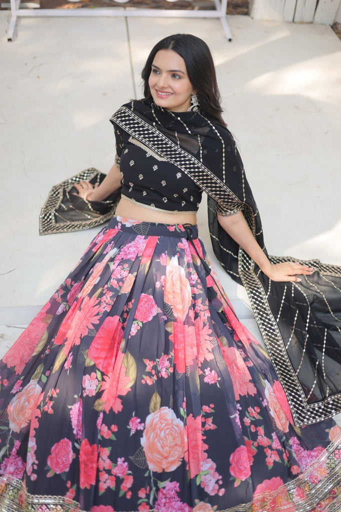 Black Exquisite Digital Printed Georgette Lehenga with Tassels and Embroidery ClothsVilla