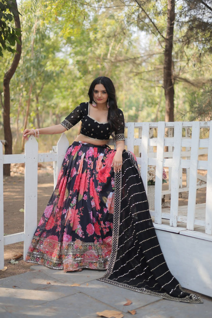 Black Exquisite Digital Printed Georgette Lehenga with Tassels and Embroidery ClothsVilla