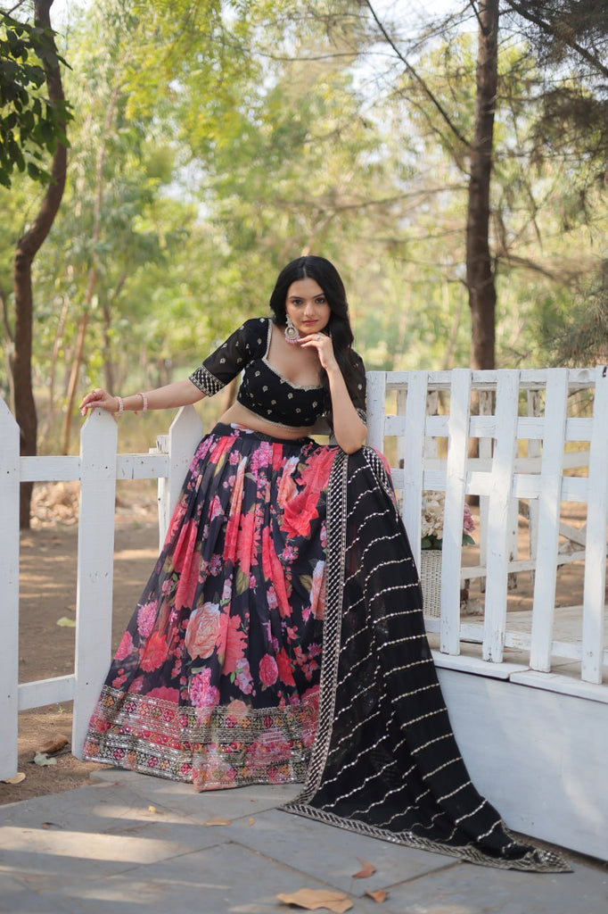 Black Exquisite Digital Printed Georgette Lehenga with Tassels and Embroidery ClothsVilla