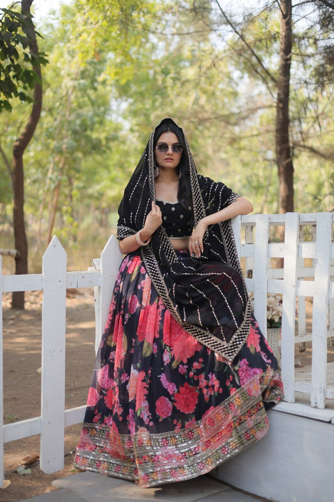 Black Exquisite Digital Printed Georgette Lehenga with Tassels and Embroidery ClothsVilla