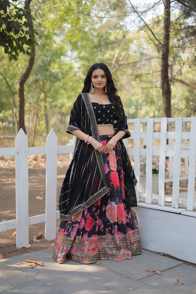 Black Exquisite Digital Printed Georgette Lehenga with Tassels and Embroidery ClothsVilla