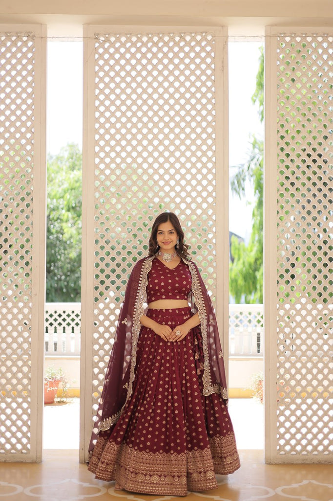 Maroon Enchanting Dayble Viscose Jacquard Lehenga Set with Double Zari Work ClothsVilla