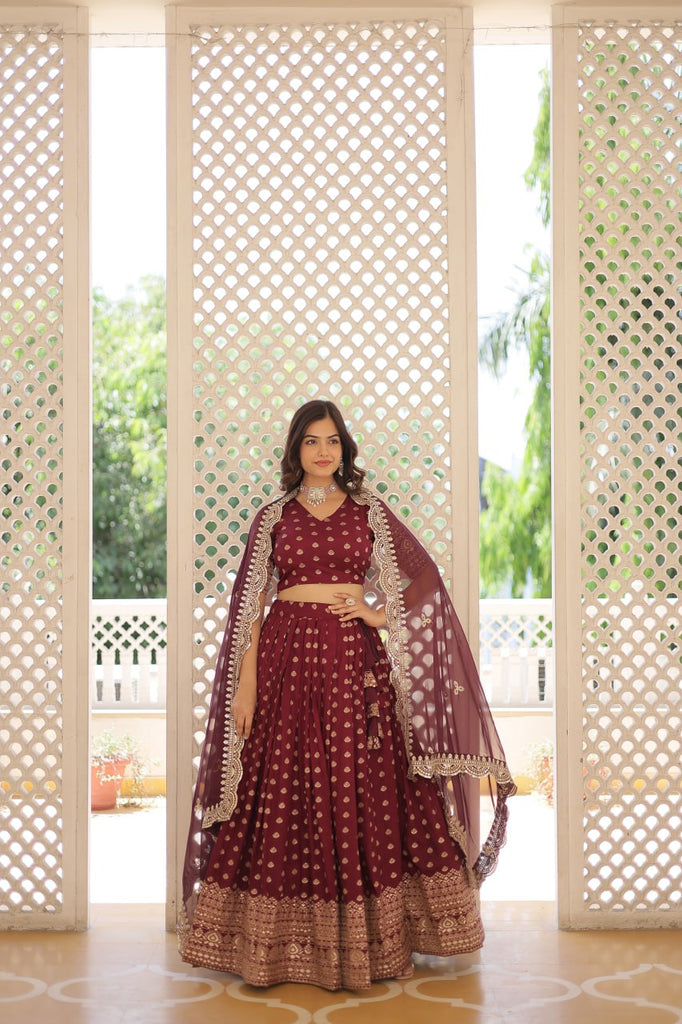 Maroon Enchanting Dayble Viscose Jacquard Lehenga Set with Double Zari Work ClothsVilla