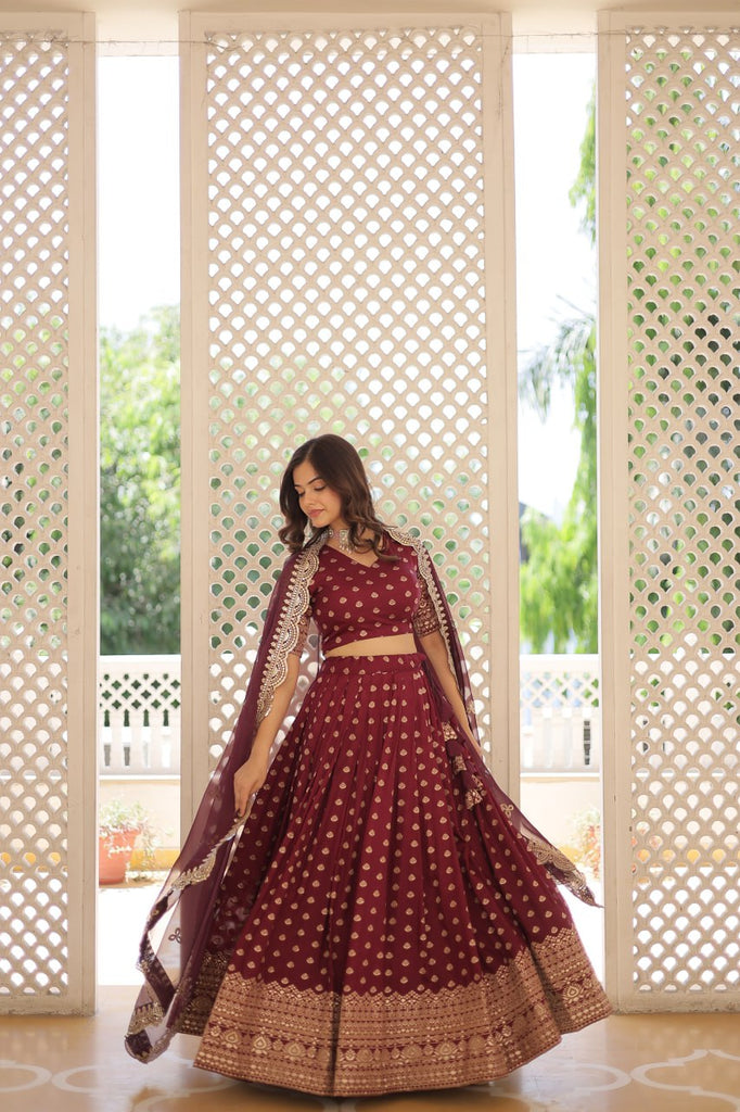 Maroon Enchanting Dayble Viscose Jacquard Lehenga Set with Double Zari Work ClothsVilla